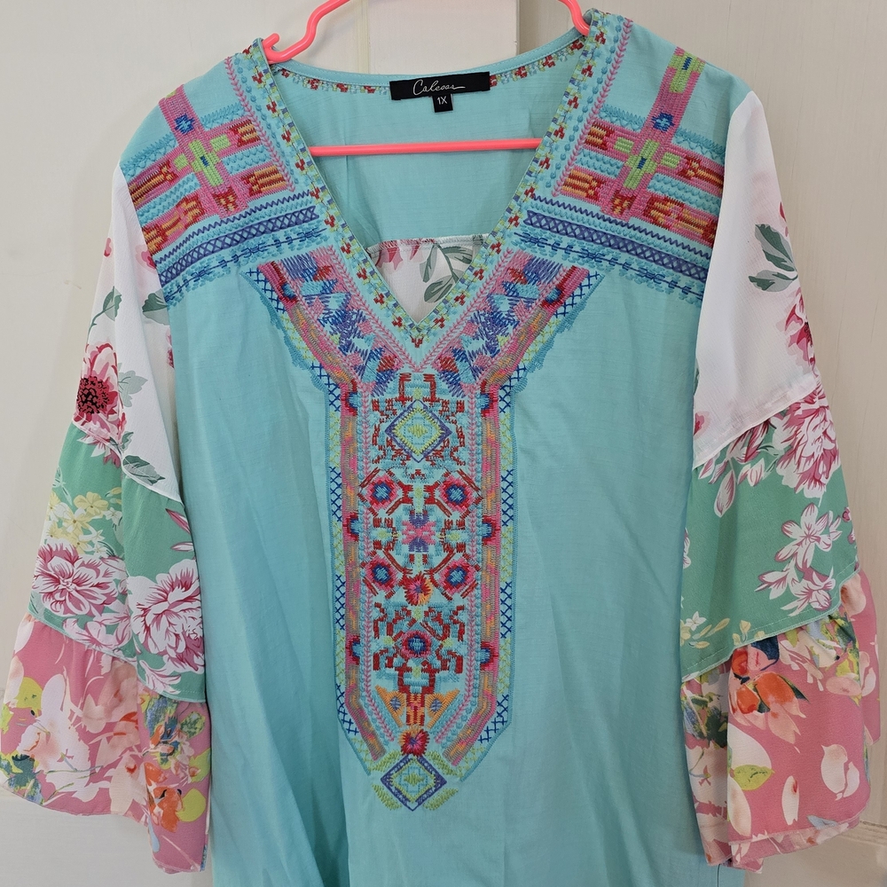 Vibrant Embroidered Tunic with Floral Sleeves